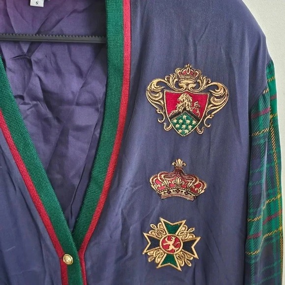 Vintage 90s Sunny Leigh Silk Button Up Multicolor Jacket Tartan Sleeves Small - Picture 4 of 7
